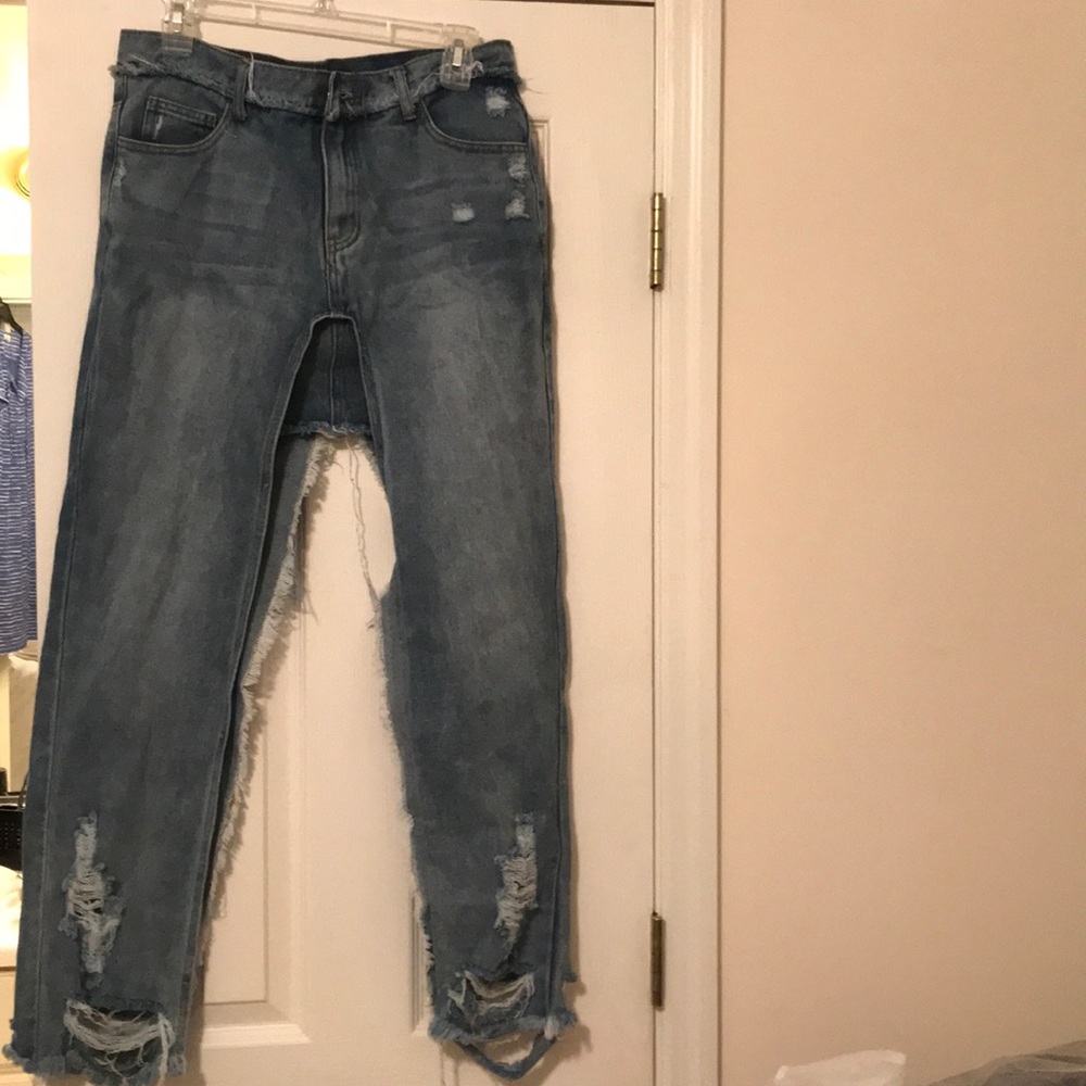 Distressed maxi jean skirt